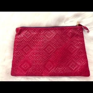 CLARE VIVIER Red Leather Basket Weave Zip Clutch